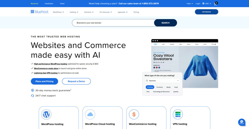 Screenshot of Bluehost’s homepage highlighting its WordPress hosting plans and interface — representing entry-level managed WordPress hosting.