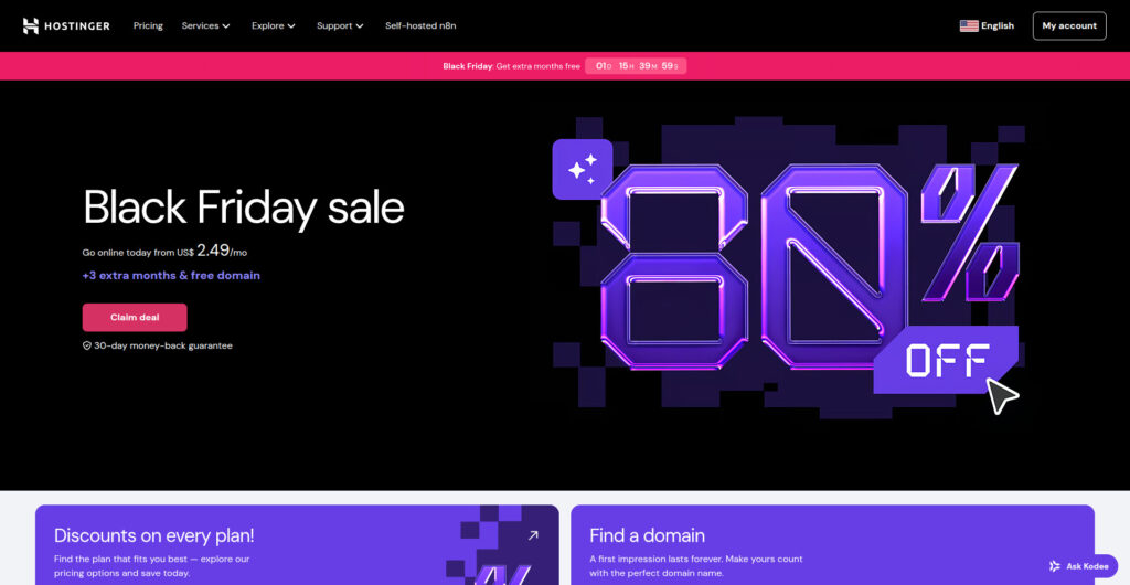 Screenshot of Hostinger’s website showcasing its WordPress hosting features and performance tools — emphasizing affordability and ease of use for beginners.