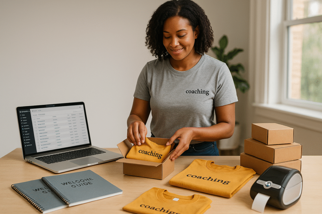 Coach packing welcome kits beside WooCommerce order dashboard