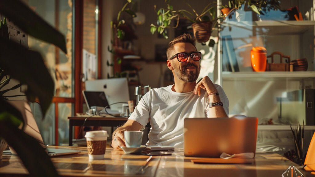 Image of a smiling man sitting in a sun-lit room with a cup of coffee, happy with his choice of managed WordPress hosting partner.