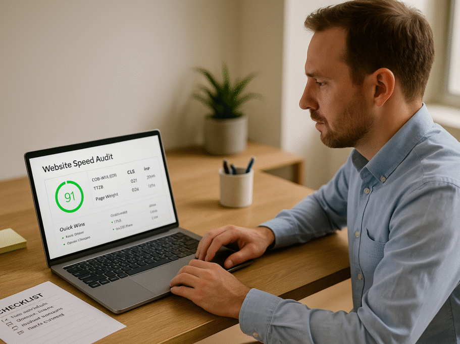 WordPress website performance audit review in a modern office—Core Web Vitals dashboard on laptop, small-business owner at a clean wooden desk