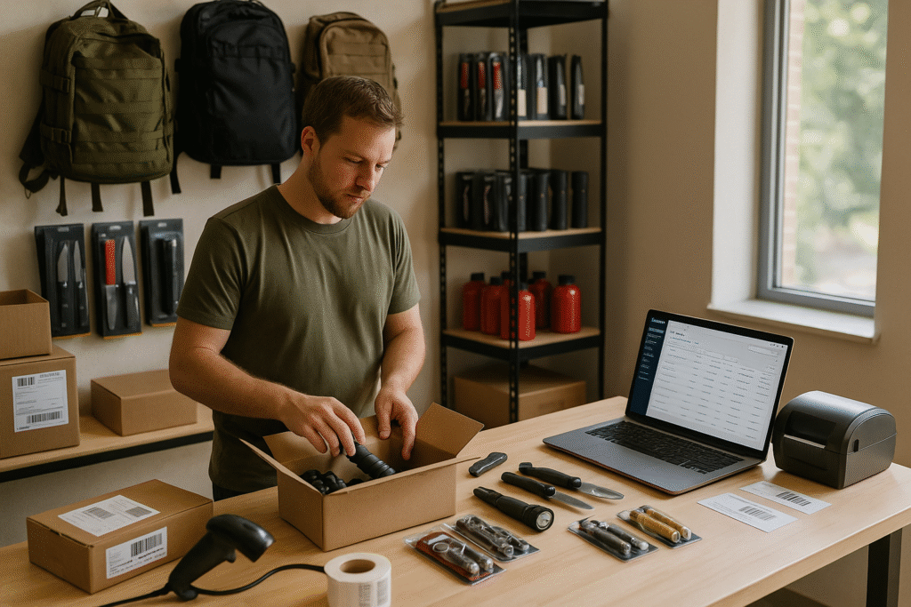 Outdoor gear owner packing survival kits—flashlights, batteries, knives—beside a laptop with WooCommerce orders; organized, compliant, ready for peak season