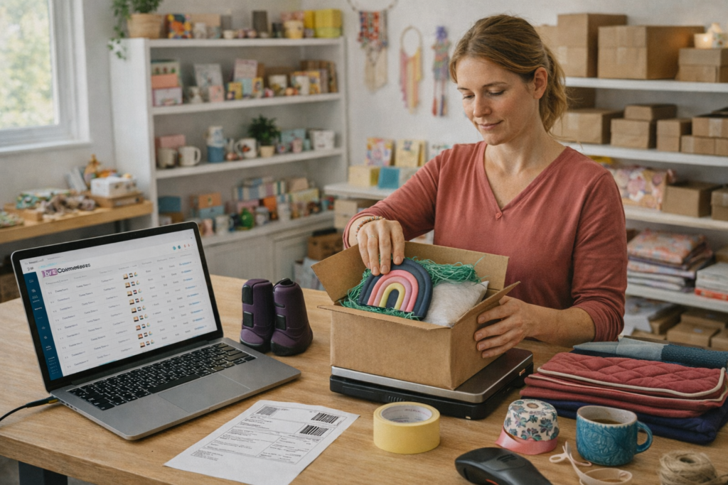 Maker brand owner packs handmade custom orders beside a laptop showing WooCommerce orders in a bright, colorful studio; shipping label, tape, scanner, and shelves of goods visible.