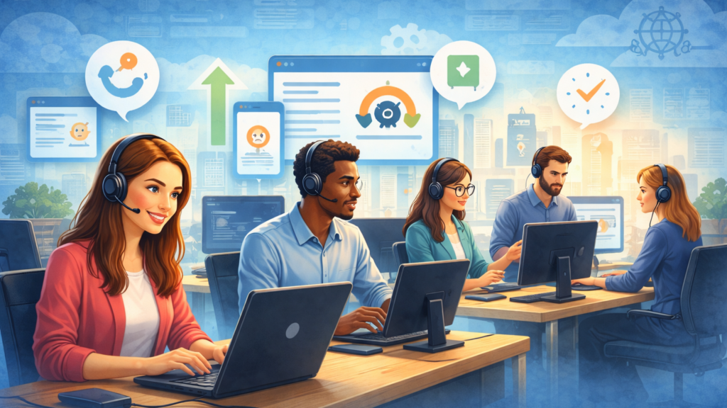 Illustration of a friendly customer support team working together in a modern office, wearing headsets and assisting clients from their computers in a calm, professional environment.