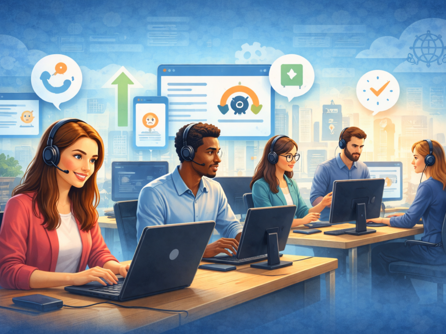 Illustration of a friendly customer support team working together in a modern office, wearing headsets and assisting clients from their computers in a calm, professional environment.