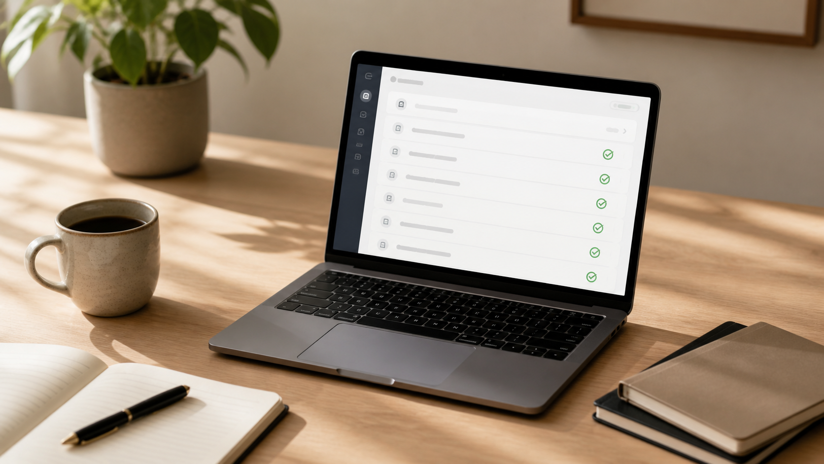 Laptop displaying an AI governance dashboard with permission settings and audit log on a clean desk