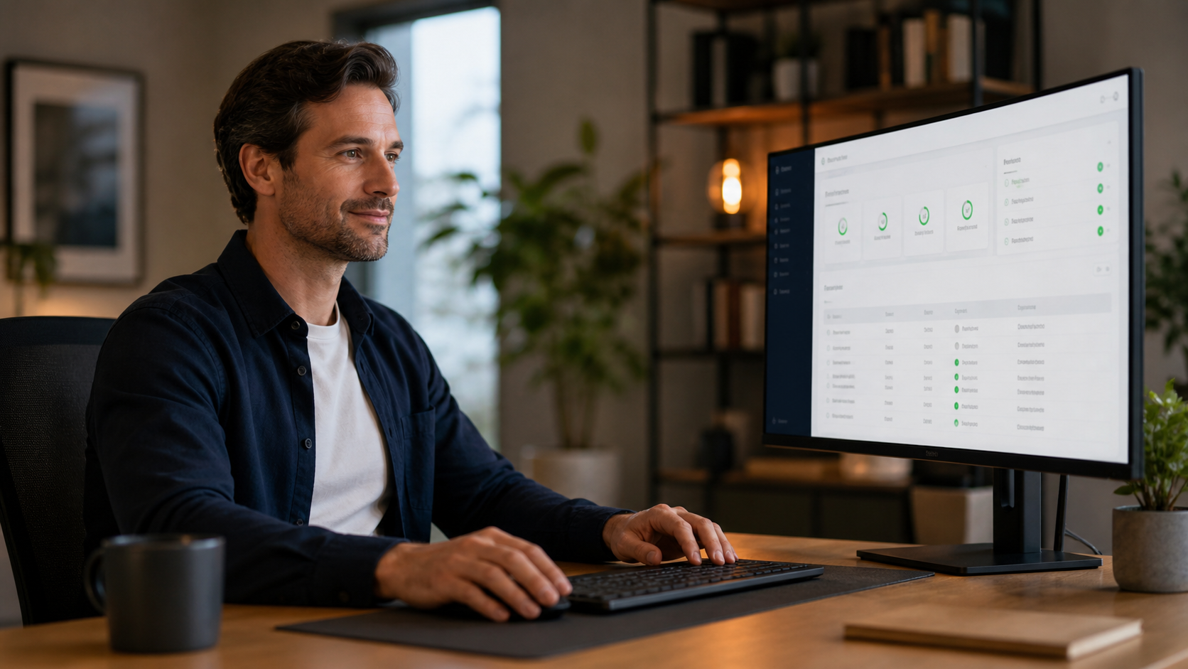 WordPress site owner reviewing an AI governance dashboard on a desktop monitor in a modern office