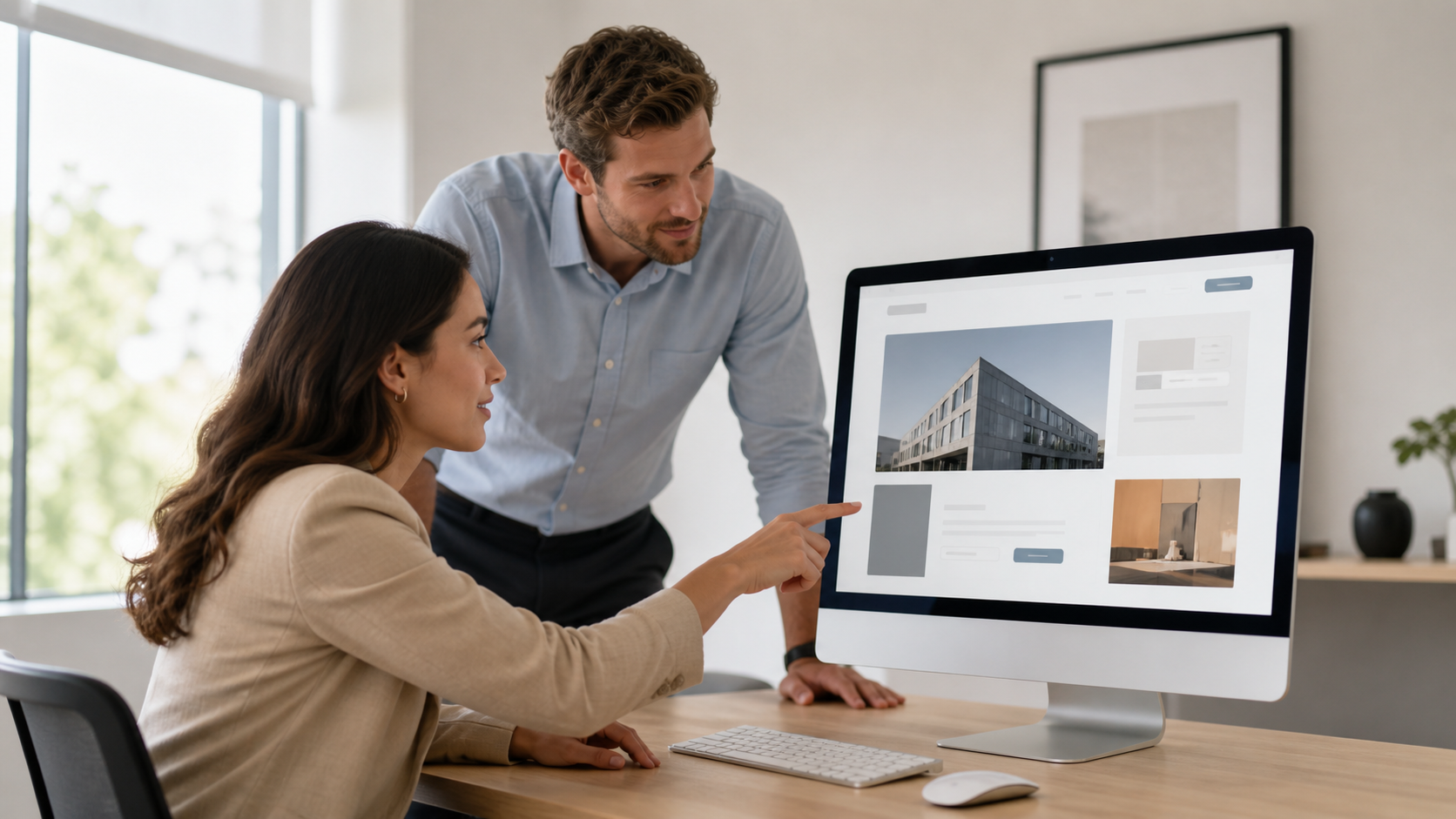 Two business professionals reviewing a website design on a desktop monitor in a modern office